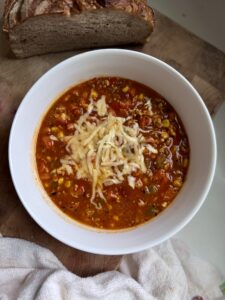 Cozy, balanced, NO bean chili
